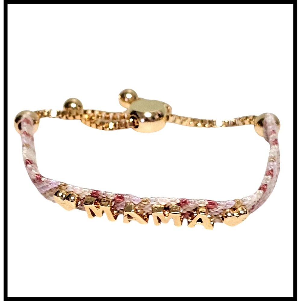 Mama Bracelet Gold Tone Adjustable Chain‎ Pink Woven Cord Jewelry Gift